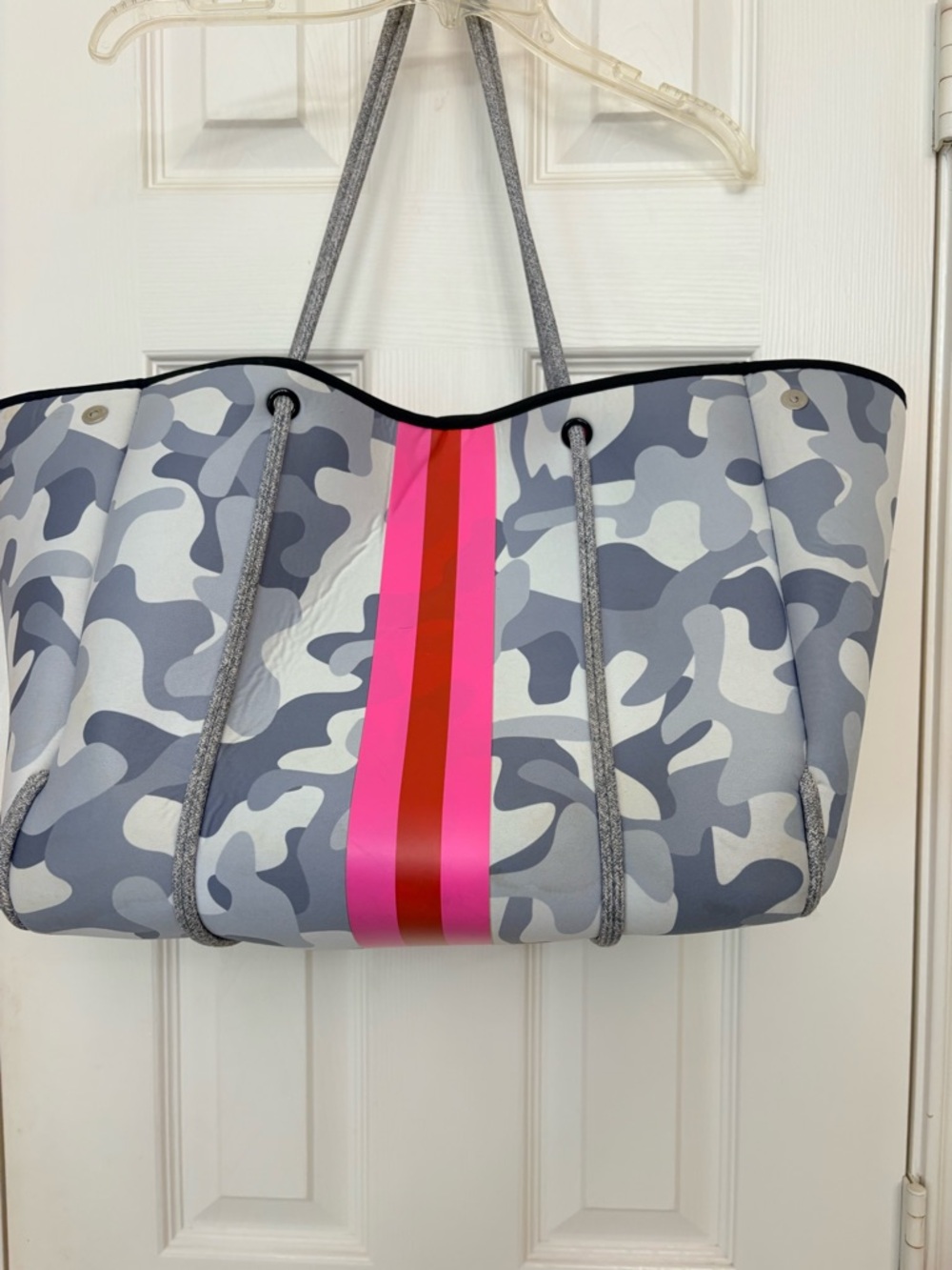 Gray Camo Neoprene Tote with Pink Stripe-some damage/marks